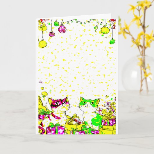 Festive Cats with Gifts  Kaart (Gele Bloem)