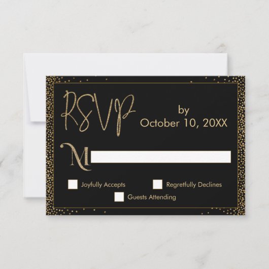 Festive Celebrations Faux Gold Confetti op Black RSVP Kaartje (Voorkant)