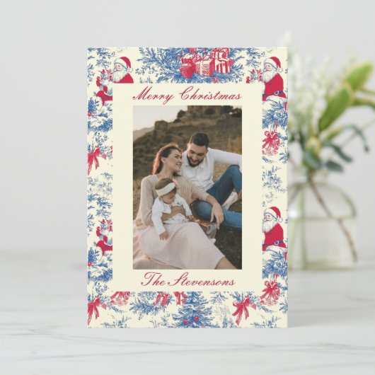 Festive Chinoiserie Toile De Jouy Photo Christmas Feestdagenkaart (Staand voorkant)