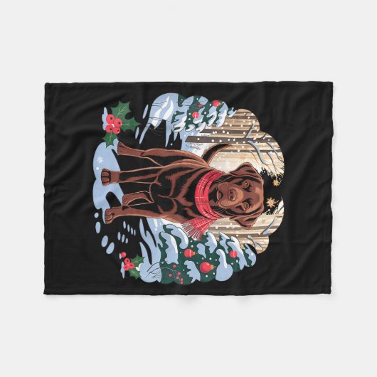 Festive Chocolate Lab In Snowy Forest Winter Xmas Fleece Deken (Voorkant (Horizontaal))