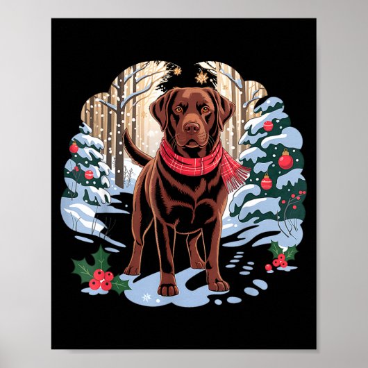 Festive Chocolate Lab In Snowy Forest Winter Xmas  Poster (Voorkant)