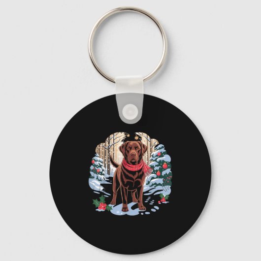 Festive Chocolate Lab In Snowy Forest Winter Xmas Sleutelhanger (Voorkant)