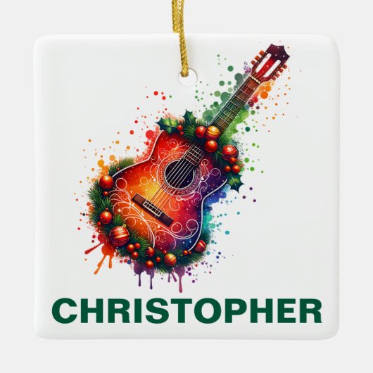 Festive Christmas Acoustic Guitar Keramisch Ornament (Voorkant)