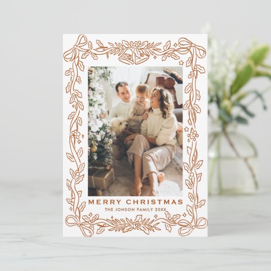 Festive Christmas Boho Beige Bow Ribbon 5 Photo Feestdagenkaart (Staand voorkant)