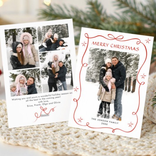 Festive Christmas Boho Red Bow Ribbon 5 Photo Feestdagenkaart