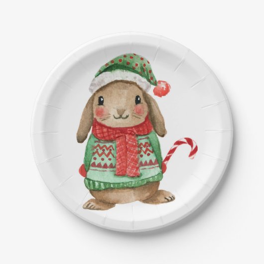 Festive christmas bunny with candy cane papieren bordje (Voorkant)