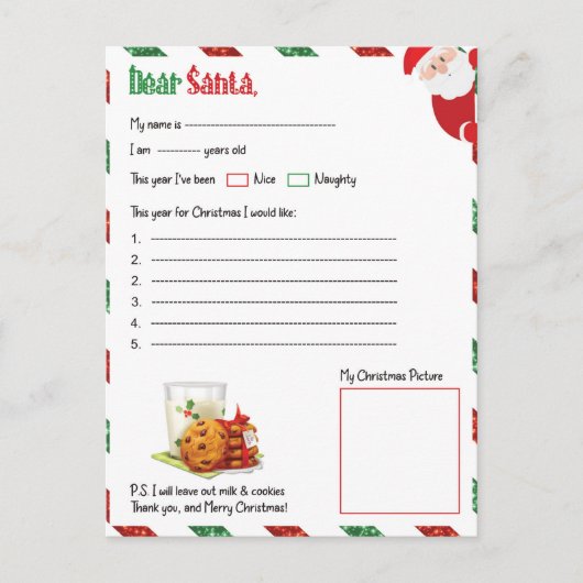 Festive Christmas dear Santa letter  Feestdagenkaart (Voorkant)
