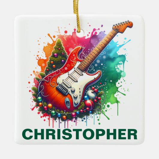 Festive Christmas Electric Guitar Custom Name Keramisch Ornament (Voorkant)