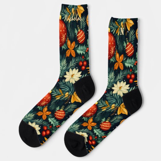 Festive Christmas Foliage & Ornaments Name Socks Sokken (Links)