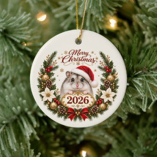 Festive Christmas Hamster in Santa Hat with 2026 Keramisch Ornament
