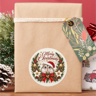 Festive Christmas Hamster with Santa Hat and Wreat Ronde Sticker