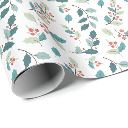 Festive Christmas Holly Red Berries Pattern Cadeaupapier (Rol Hoek)