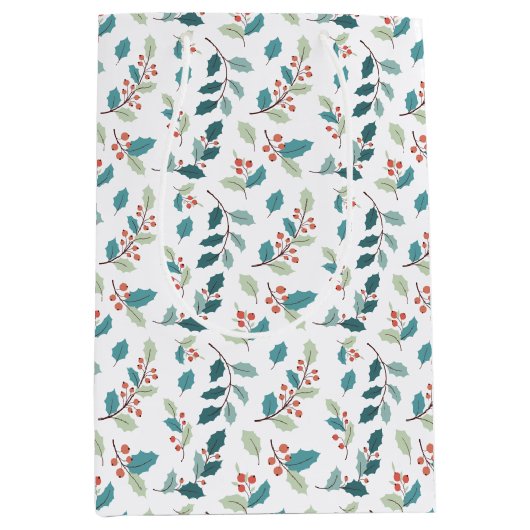 Festive Christmas Holly Red Berries Pattern Medium Cadeauzakje (Voorkant)