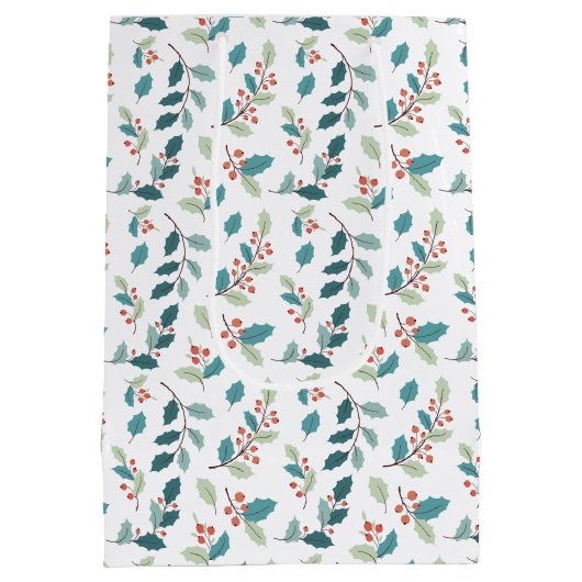 Festive Christmas Holly Red Berries Pattern Medium Cadeauzakje (Achterkant)