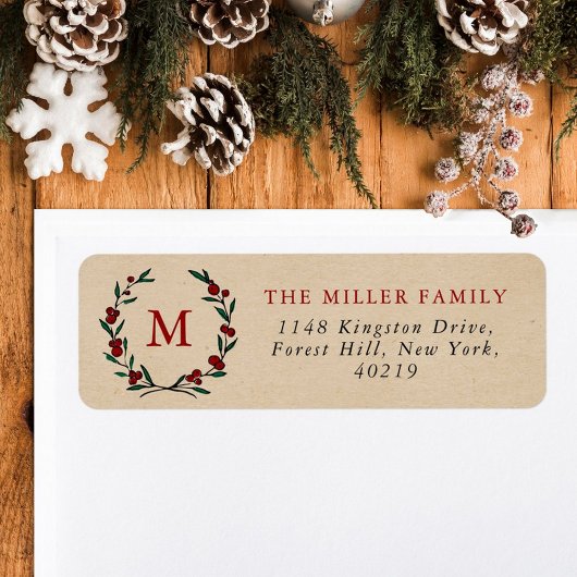 Festive Christmas Monogram Wreath Holiday Etiket