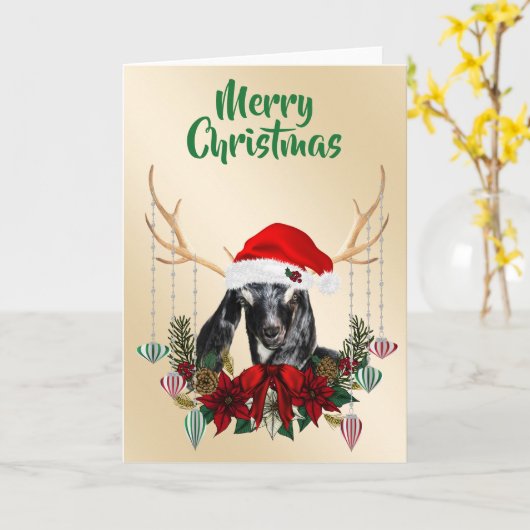 Festive Christmas Nubian Goat Kid Kaart (Gele Bloem)