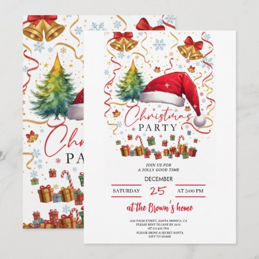 Festive Christmas Party Invitation Red Santa Hat Kaart (Voorkant / Achterkant)