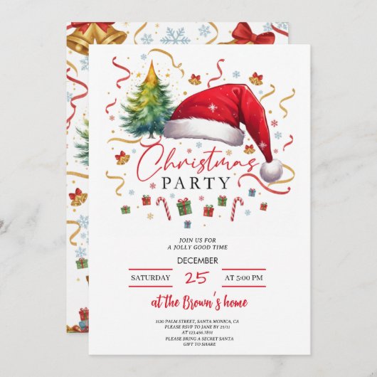 Festive Christmas Party Invitation Red Santa Hat Kaart (Voorkant / Achterkant)