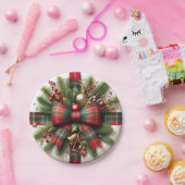 Festive Christmas Red Tartan Bow & Pine Papieren Bordje (Feest)