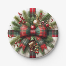 Festive Christmas Red Tartan Bow & Pine  Papieren Bordje