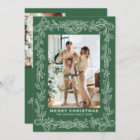 Festive Christmas Sage Green Bow Ribbon 3 Photo Feestdagenkaart (Voorkant / Achterkant)