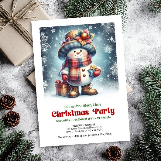 Festive Christmas snowman invite kids editable Kaart