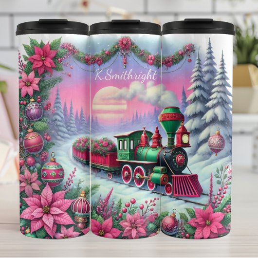 Festive Christmas Train Poinsettia Landscape Thermosbeker