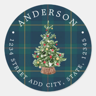 Festive Christmas Tree Family Name Return Address Ronde Sticker