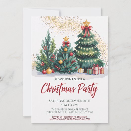 Festive Christmas Tree Party Invitation Kaart (Voorkant)