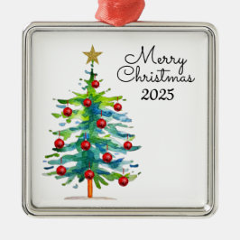 Festive Christmas Tree With Red Ornaments Metalen Ornament