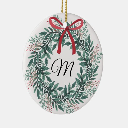 Festive Christmas Wreath Custom Initial and Photo Keramisch Ornament (Rechts)