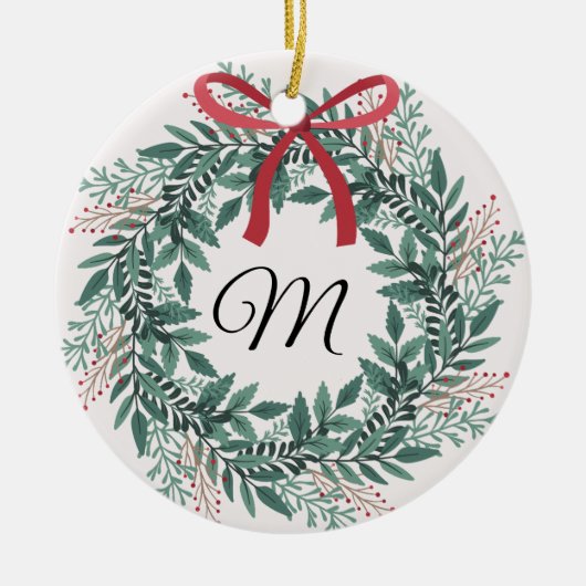 Festive Christmas Wreath Custom Initial and Photo Keramisch Ornament (Voorkant)