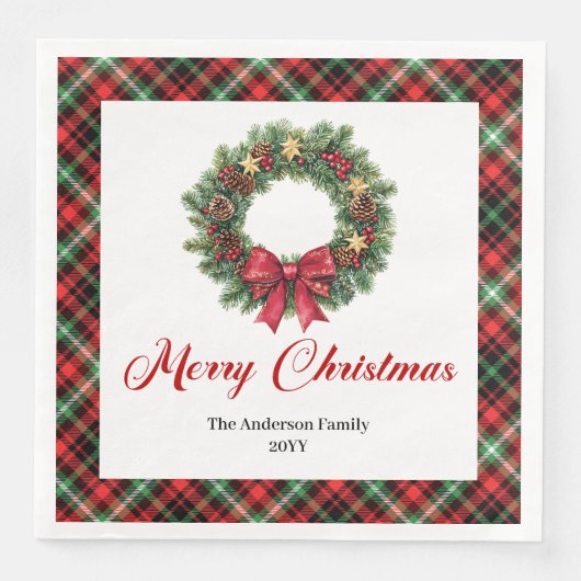 Festive Christmas Wreath in Red Green Plaid Servet (Voorkant)