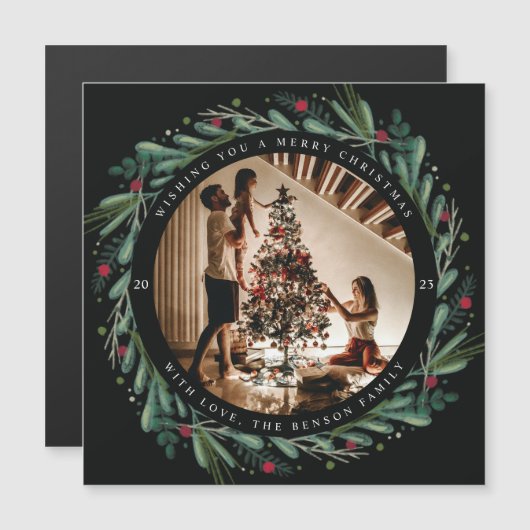 Festive Christmas Wreath Leaves Berries Magnet (Voorkant / Achterkant)