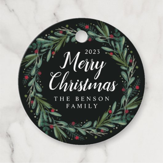 Festive Christmas Wreath Leaves Berries Round Bedankjes Labels (Voorkant)