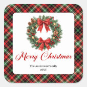 Festive Christmas Wreath Red Green Plaid Labels (Voorkant)