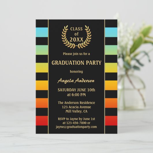 Festive Colorful Striped Afstuderen Invitation Kaart (Staand voorkant)