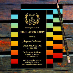 Festive Colorful Striped Afstuderen Invitation Kaart