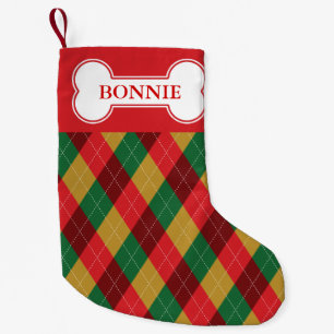 Festive Colors Argyle Pattern & Dog Bone with Name Kleine Kerstsok