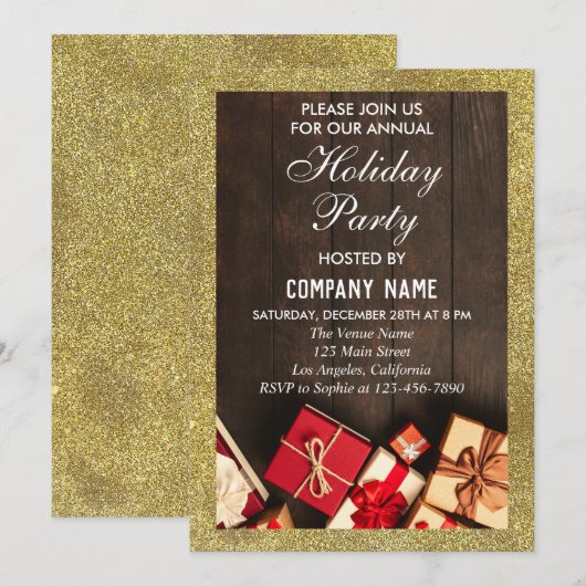 Festive Company Holiday Party Gifts Gold Glitter Kaart (Voorkant / Achterkant)