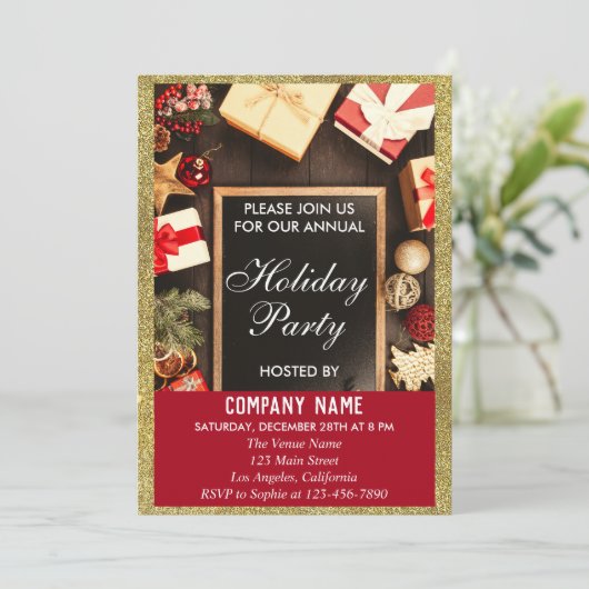 Festive Company Holiday Party Red & Gold Glitter Kaart (Staand voorkant)