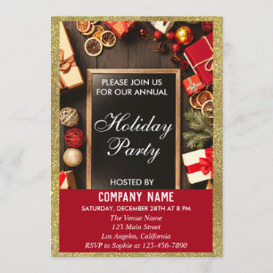 Festive Company Holiday Party Red & Gold Glitter Kaart