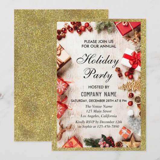 Festive Company Holiday Party White & Gold Glitter Kaart (Voorkant / Achterkant)