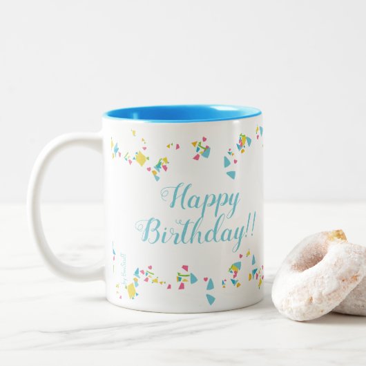 Festive Confetti Happy Birthday Mug Tweekleurige Koffiemok (Met donut)