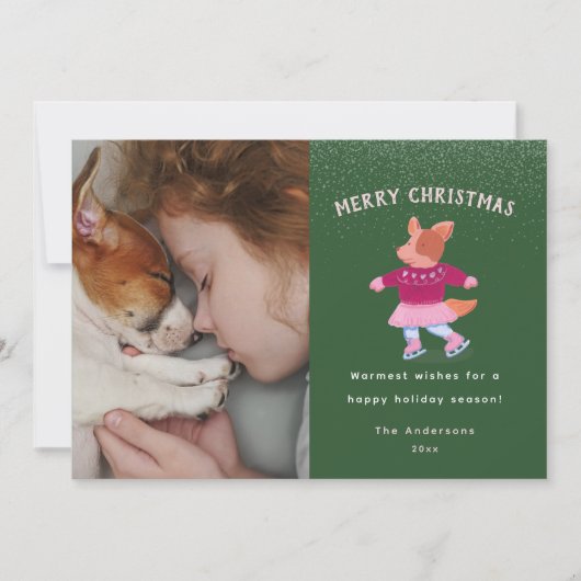 Festive Corgi Ice Skating Green Christmas  Feestdagenkaart (Voorkant)