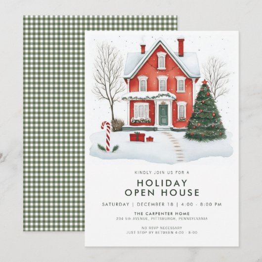 Festive Country Home Holiday Open House Invitation Kaart (Voorkant / Achterkant)