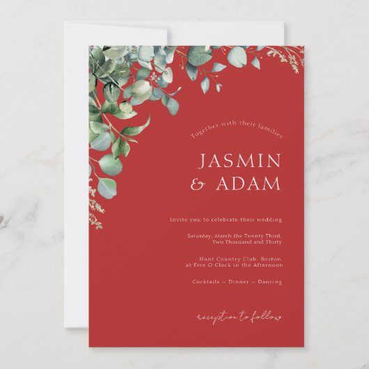 Festive Crimson Red Eucalyptus Greenery Wedding Kaart (Voorkant)