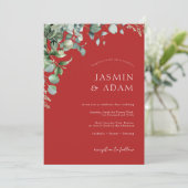 Festive Crimson Red Eucalyptus Greenery Wedding Kaart (Staand voorkant)