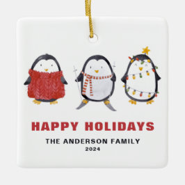 Festive Cute Waterverf Penguins Holiday Foto Keramisch Ornament
