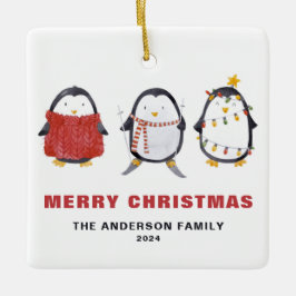Festive Cute Waterverf Penguins kerstfoto Keramisch Ornament